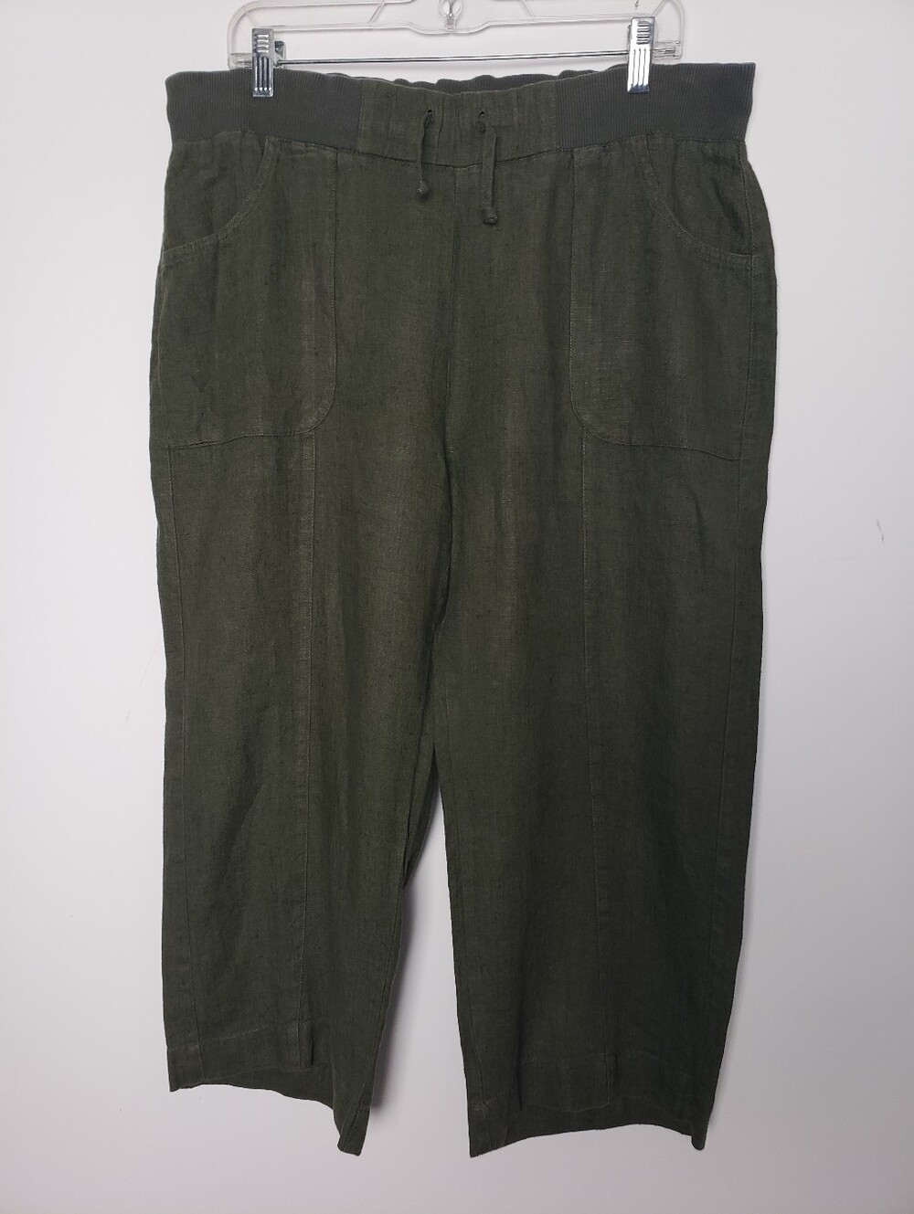 Chicos Olive Green 100% Linen Capri Crop Pants Pull On Elastic Drawstring Waist